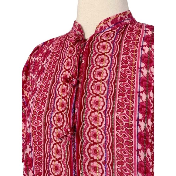 Vintage Metallic Sheer Chiffon Pink Floral Boho Button Up Maxi Kaftan Dress OS - Picture 5 of 12